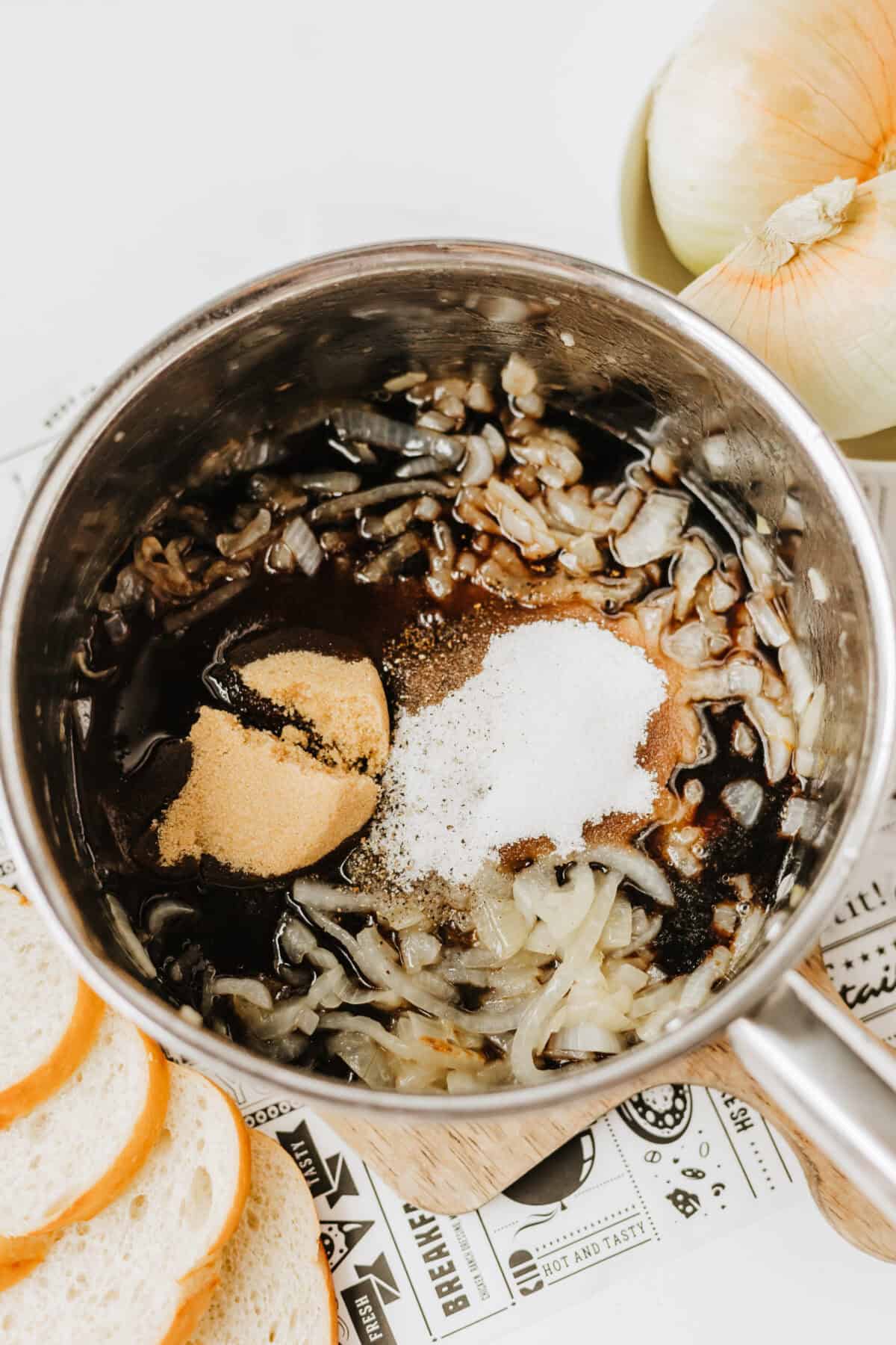 vinegars, sugar, and spices added to caramelized onions