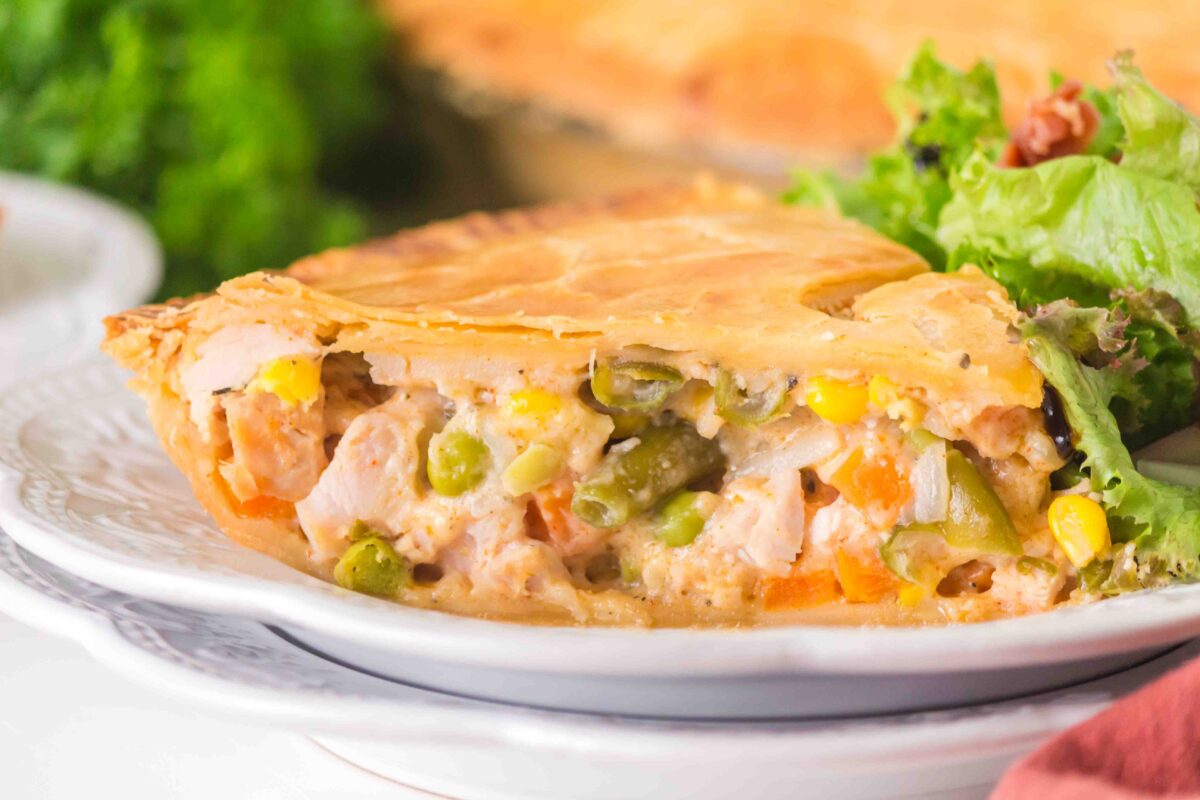 slice of turkey pot pie on a white plate