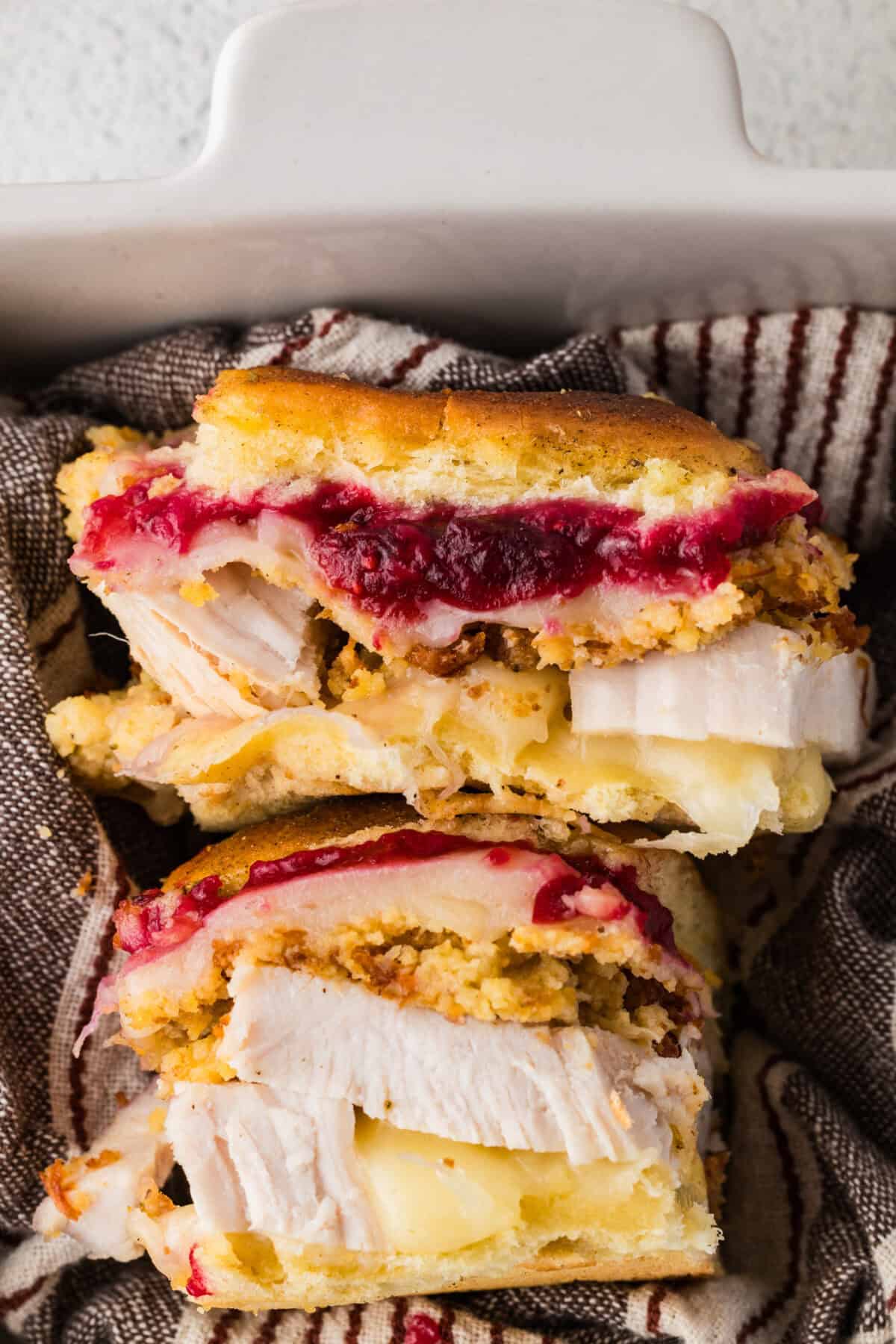 turkey sliders on their sides in a dish