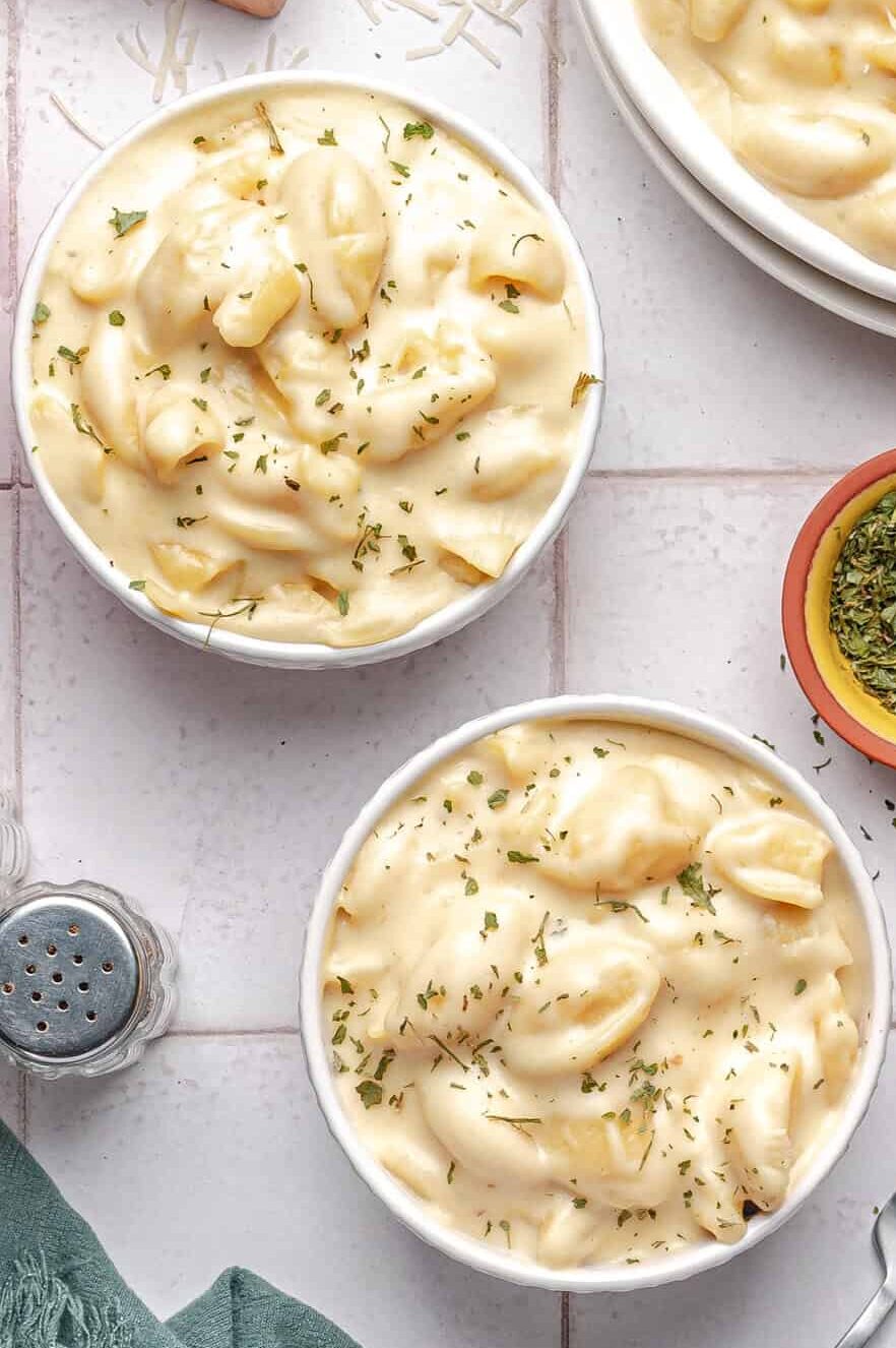 bowls of white cheddar mac and cheese