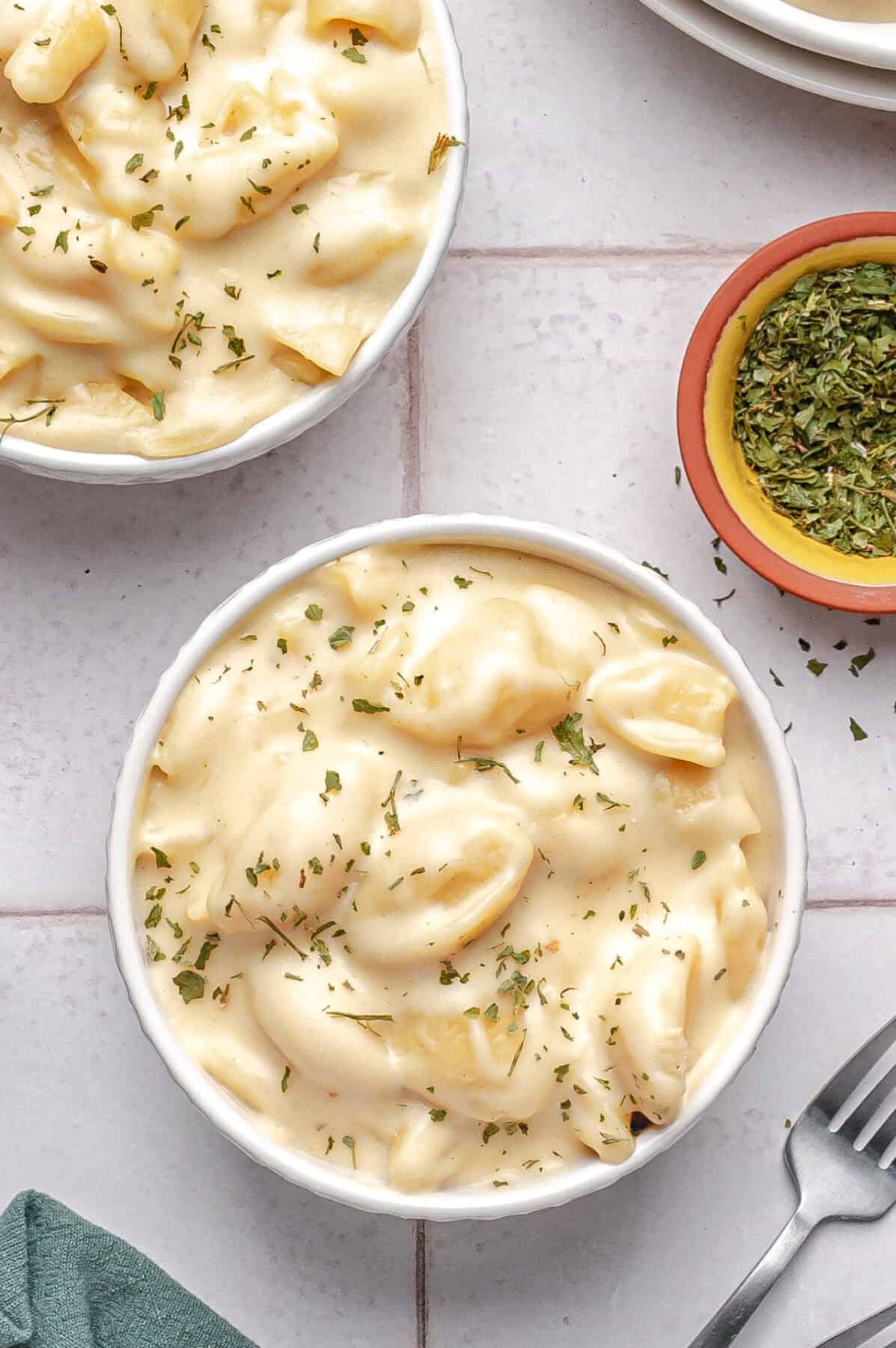a bowl of white cheddar mac and cheese