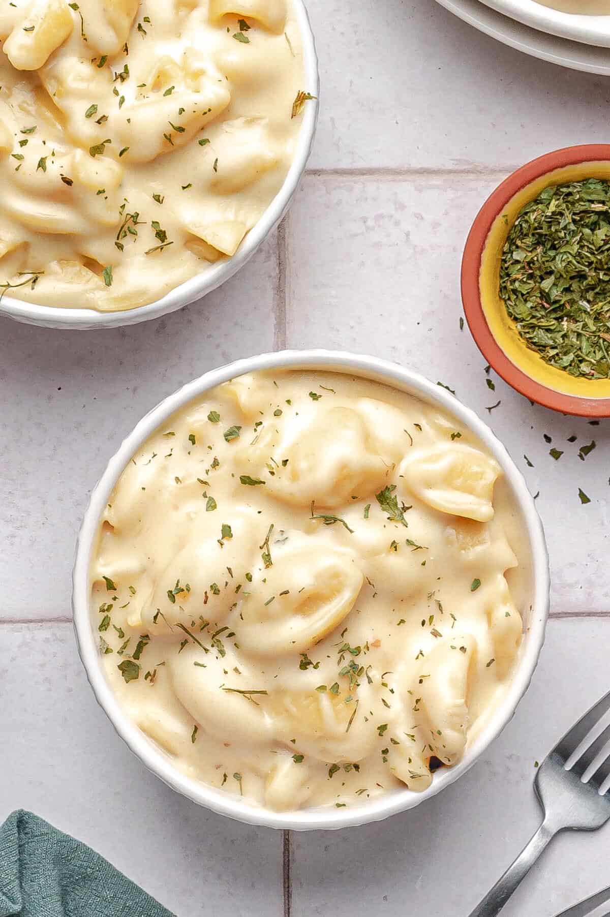 a bowl of white cheddar mac and cheese